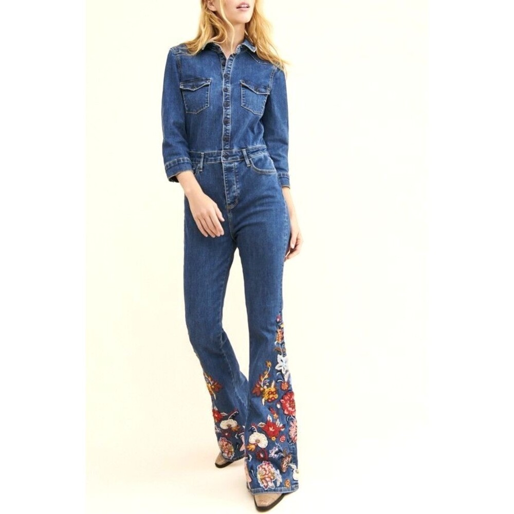 Driftwood Free People Farrah Womens Jumpsuit Floral Embroidery Blue Denim Size L